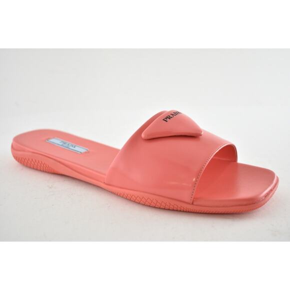 Prada Corallo Red Rubber Leather Triangle Logo Slide Sandal Flip Flop Flat 38 - Picture 2 of 12